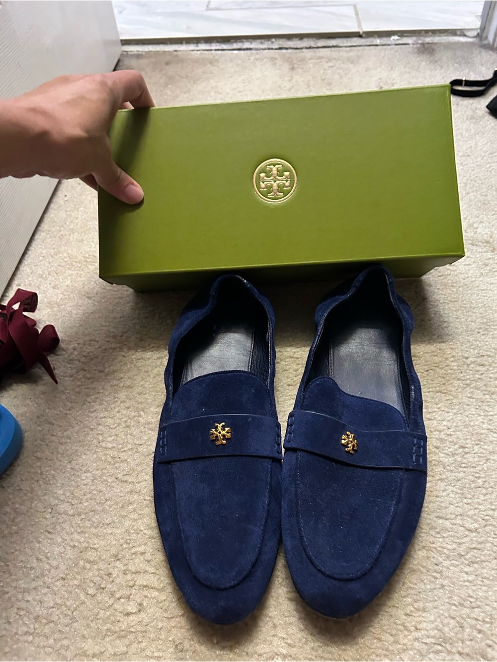 TORY BURCH suede logo loafers.